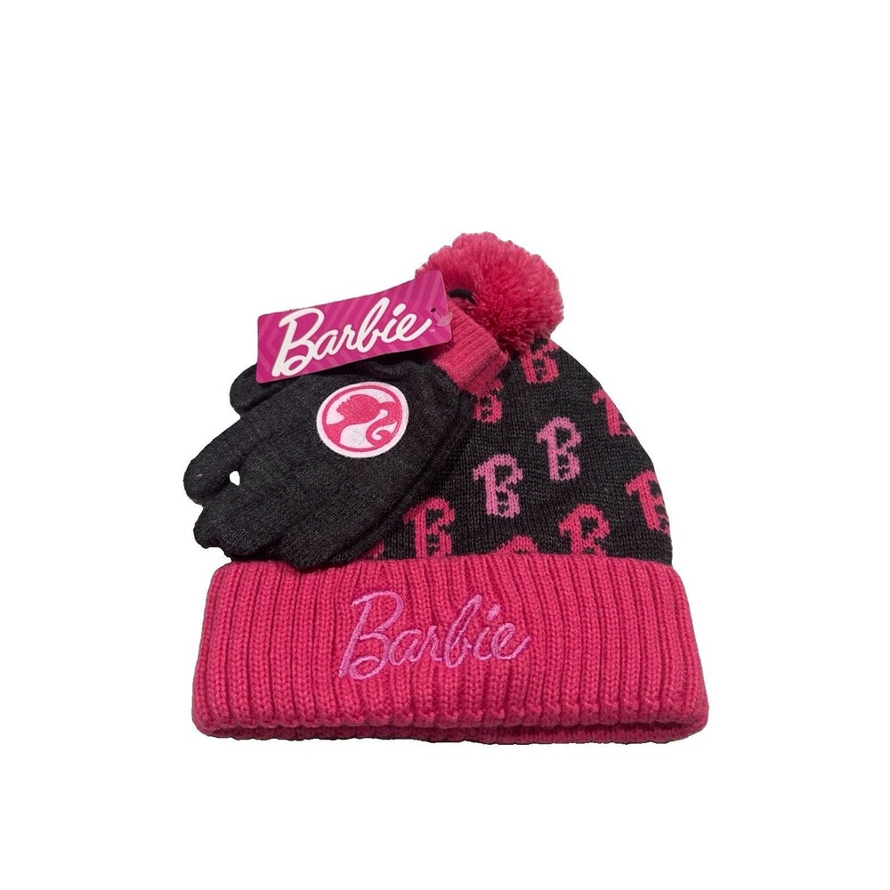 Girls Mattel Barbie 2-pc Winter Hat And Gloves Set Gray And Pink